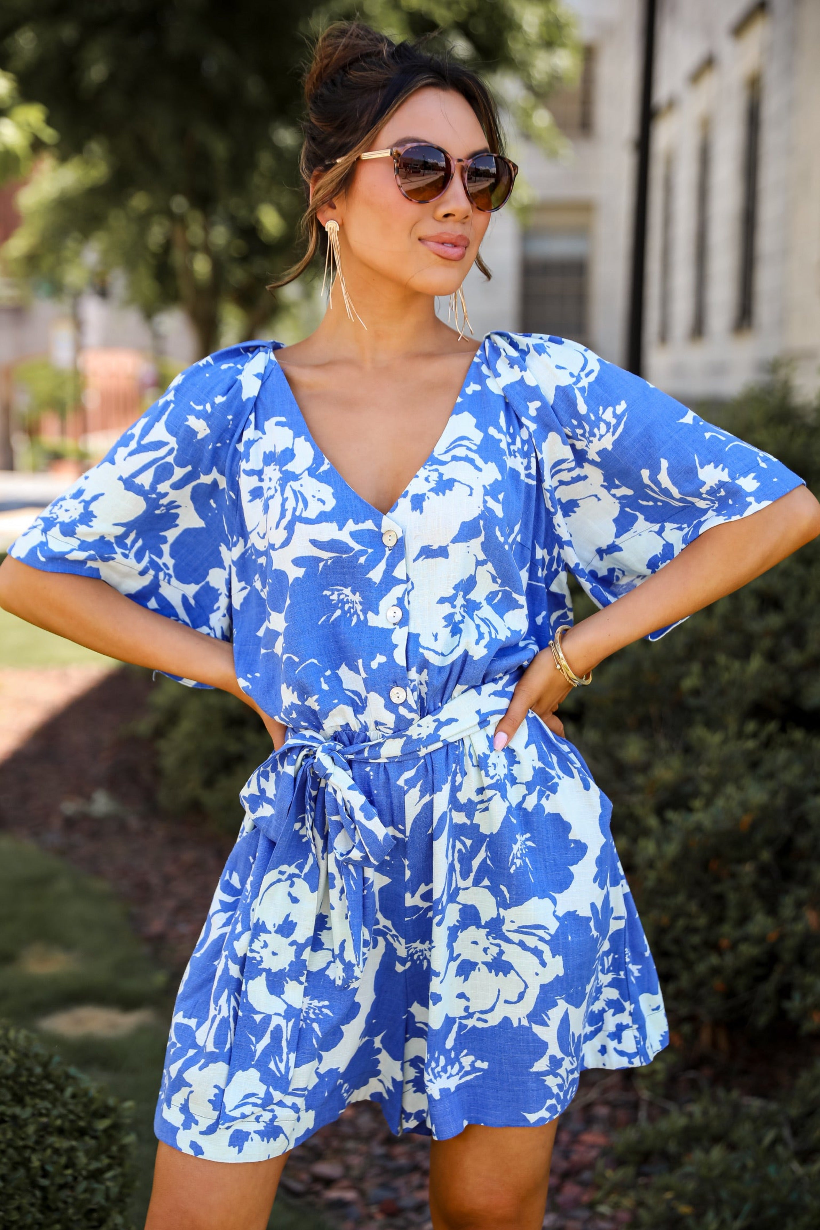 Royal Blue Floral Linen Romper Cute Rompers For Women DressUp Dress Up