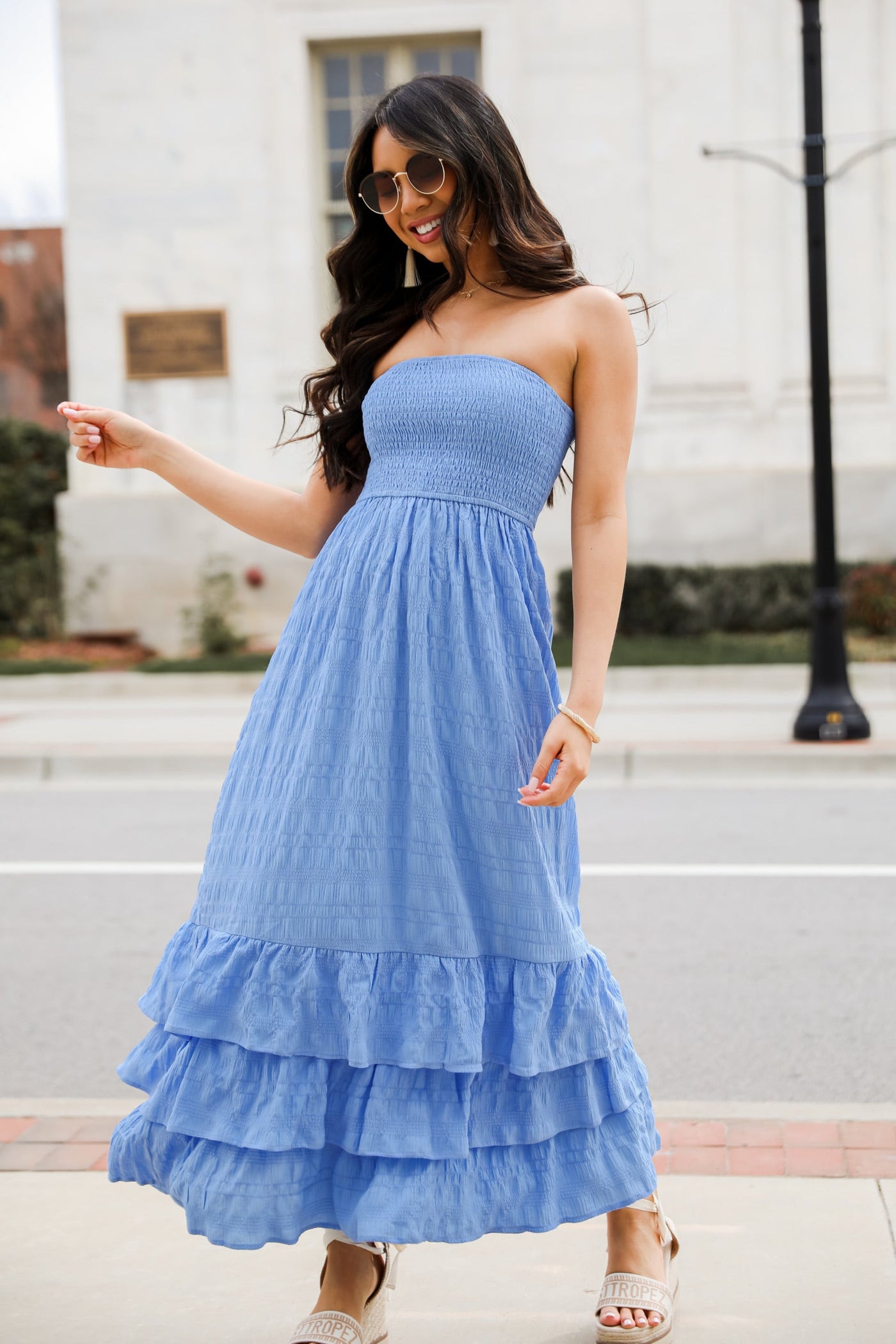 Blue Smocked Strapless Maxi Dress
