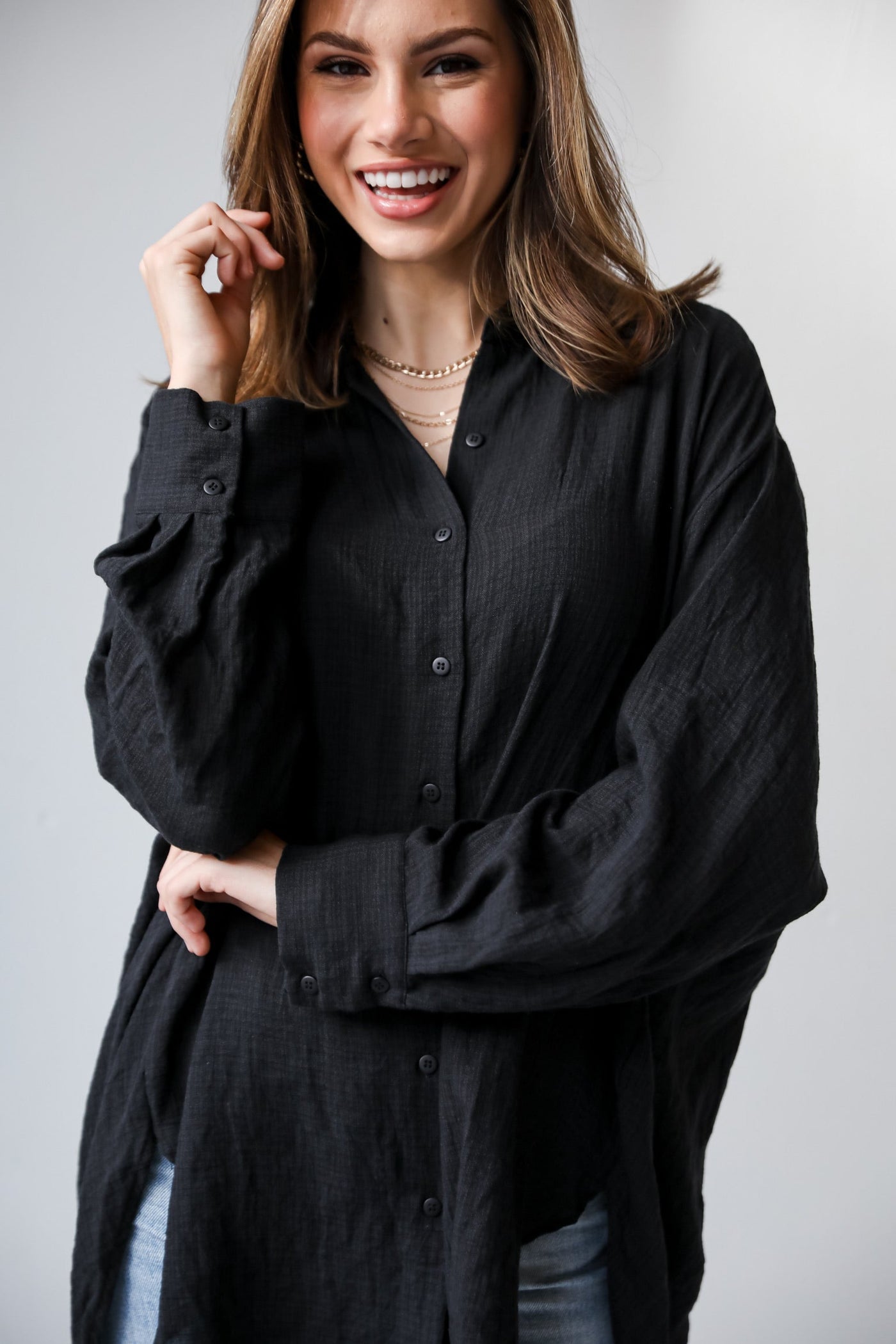 black Oversized Button-Up Blouse close up