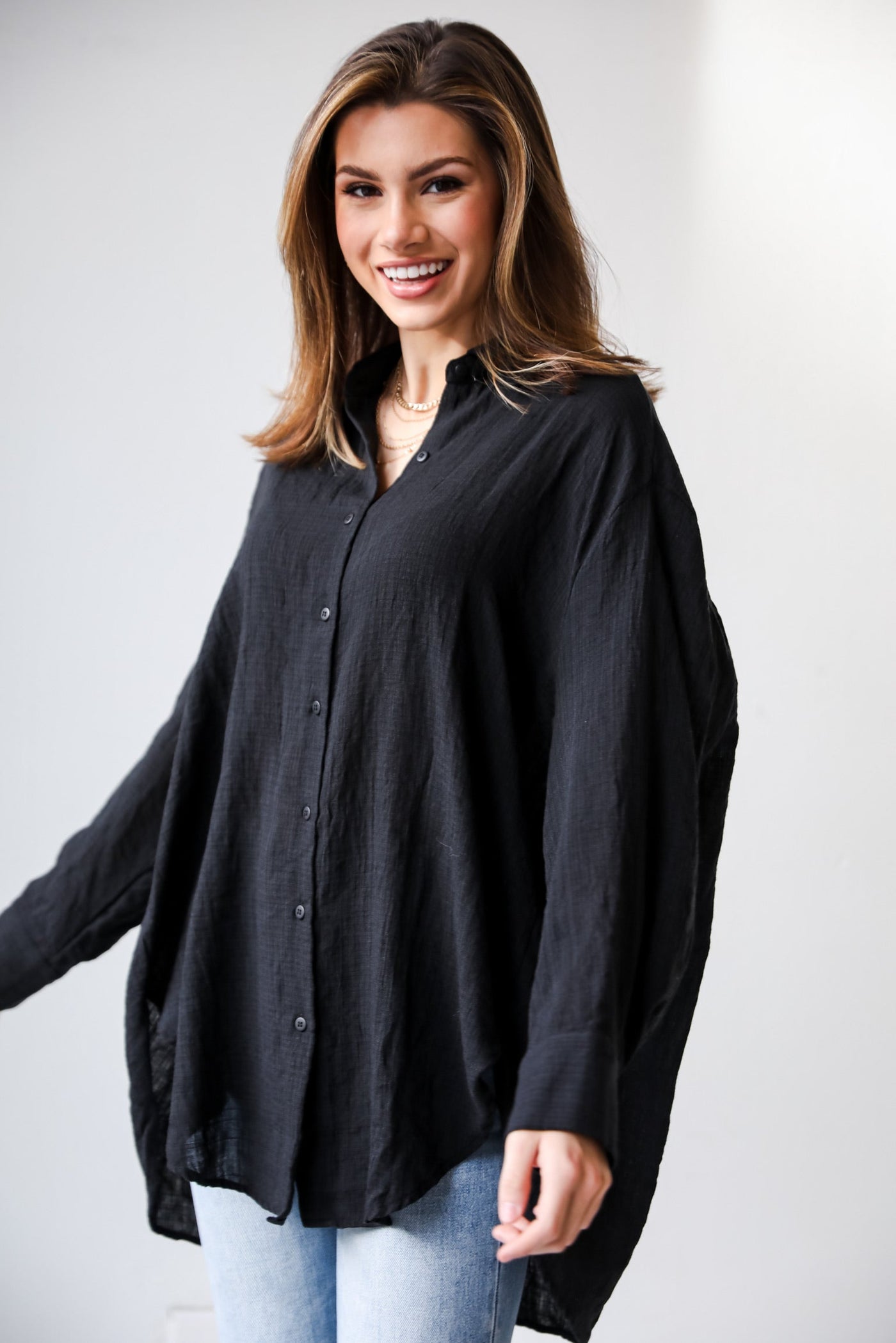 black Oversized Button-Up Blouse for women