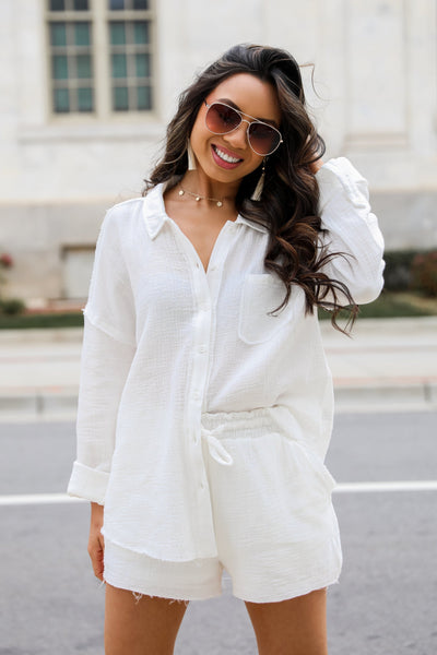 cute white Linen Button-Up Blouse