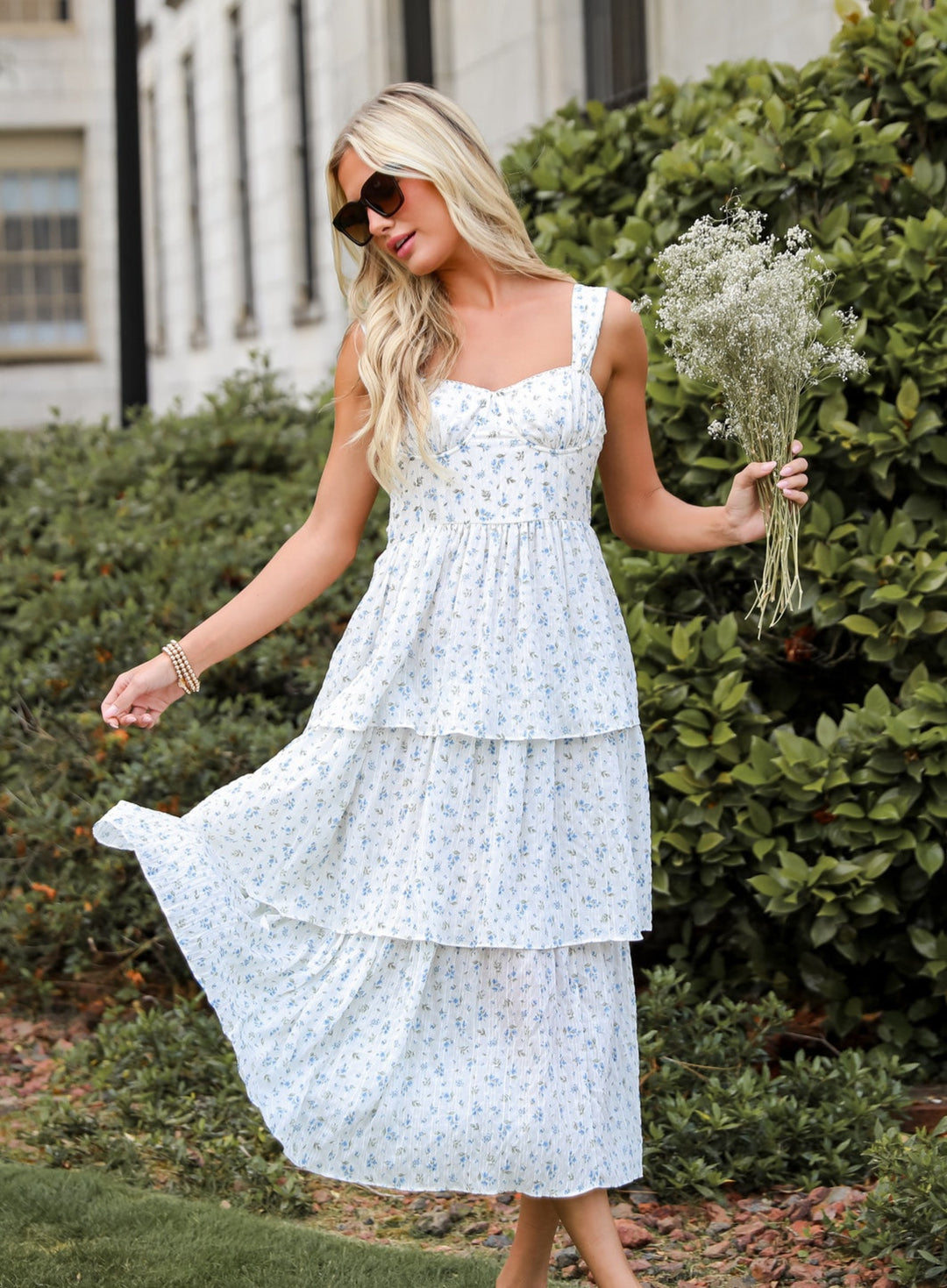 Ivory Floral Tiered Midi Dress