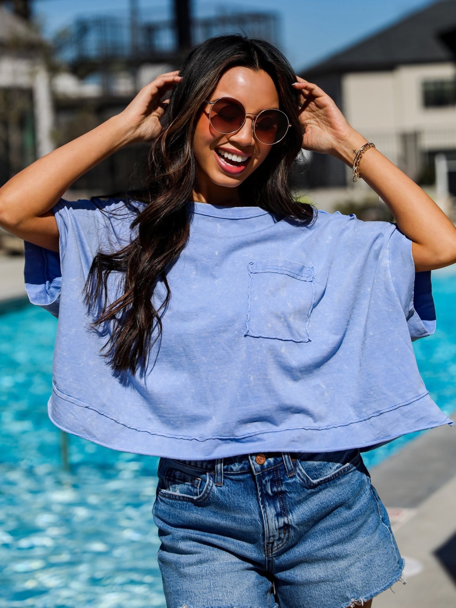 casual blue Acid Washed Tee