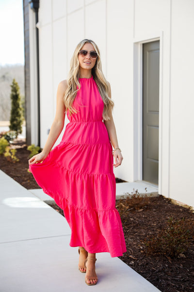 Sun-Sational Magenta Tiered Halter Maxi Dress .cute pink dresses