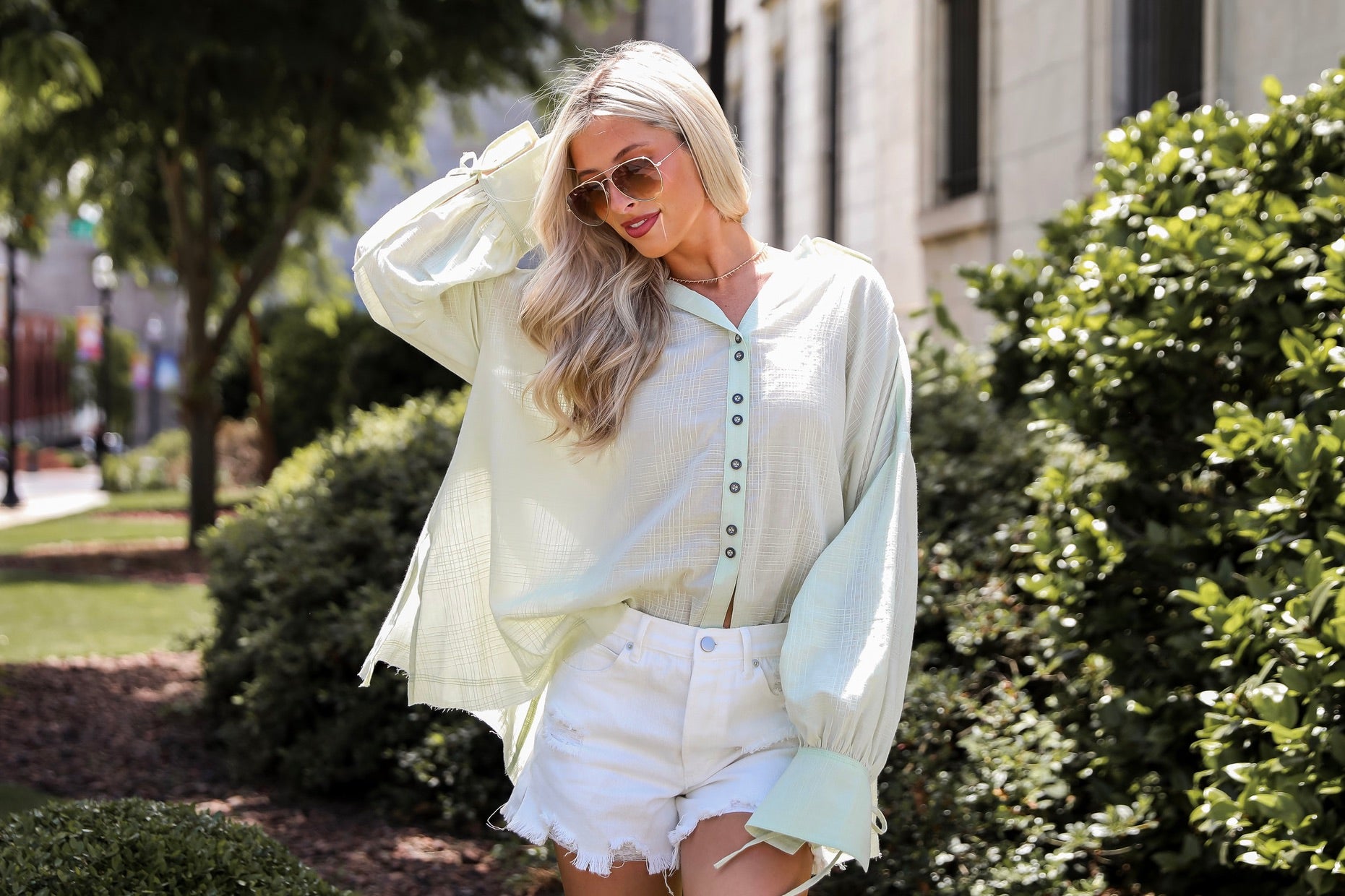 model wearing linen button up blouse - easy, summer blouses for summer