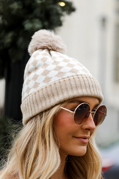 FINAL SALE - Winter Ready Checkered Pom Pom Beanie