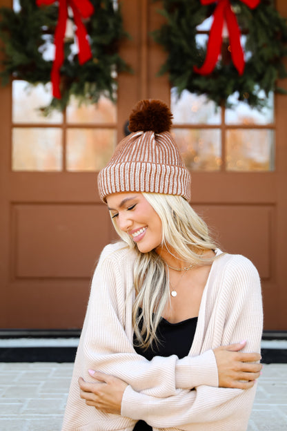 Exceptionally Cozy Brown Ribbed Pom Pom Beanie