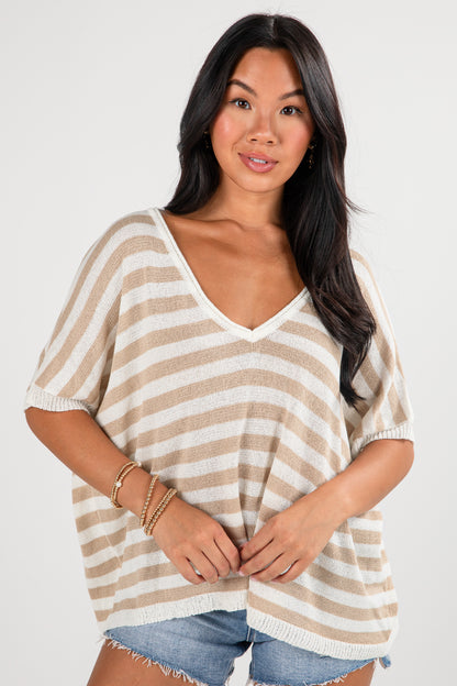 FINAL SALE - Crowd Pleaser Ivory Striped Knit Top