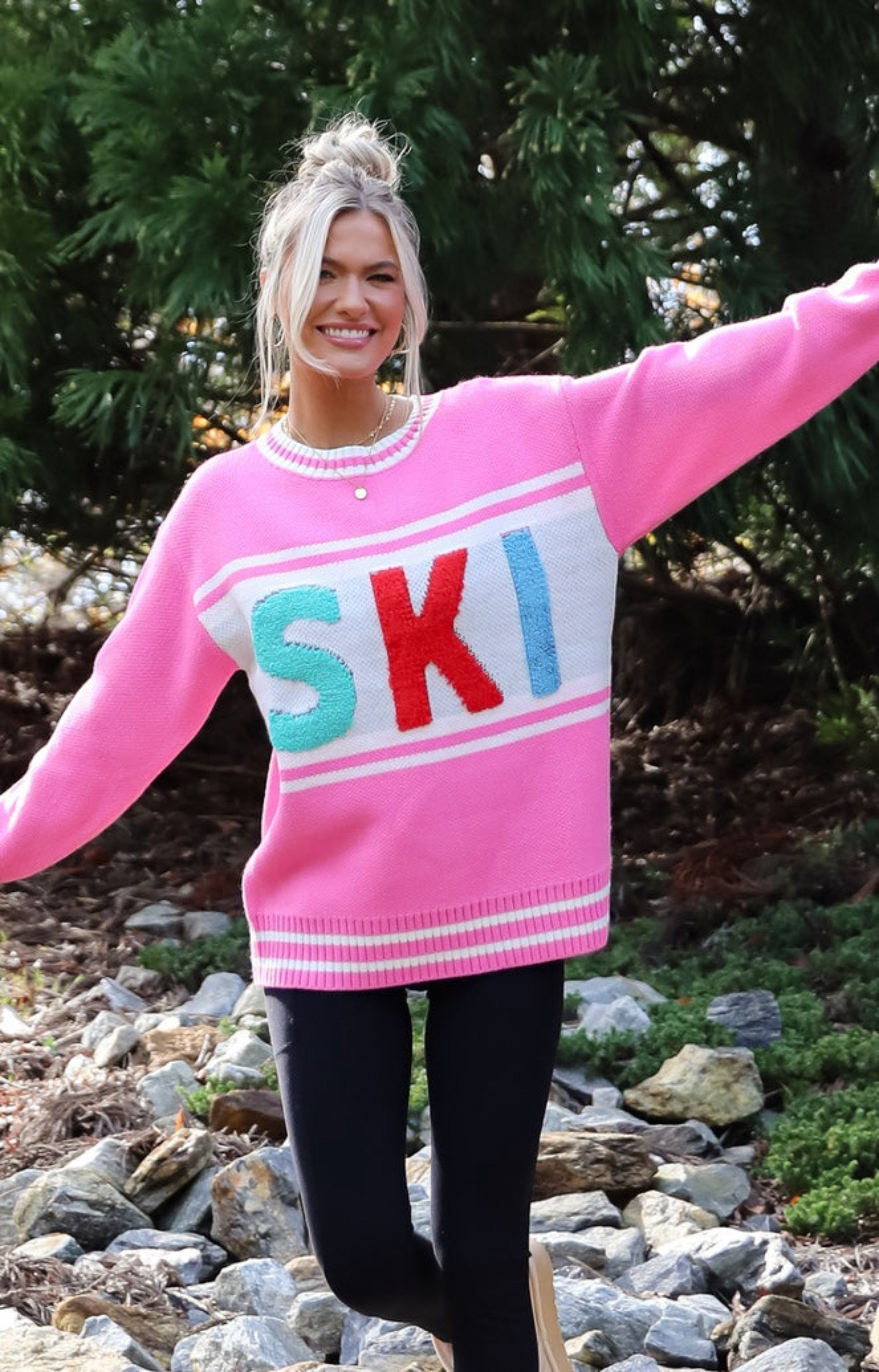 Found The Warmth Pink Ski Varsity Sweater