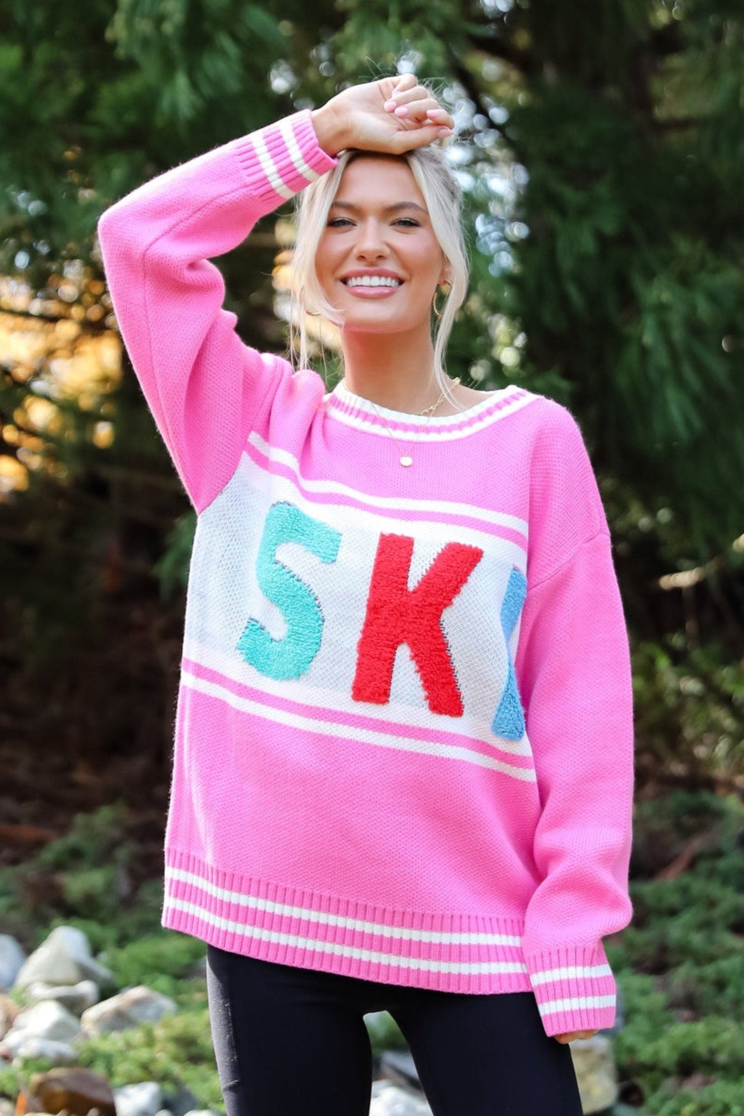 Cute Pink Ski Varsity Sweater Oversized Sweaters ShopDressUp
