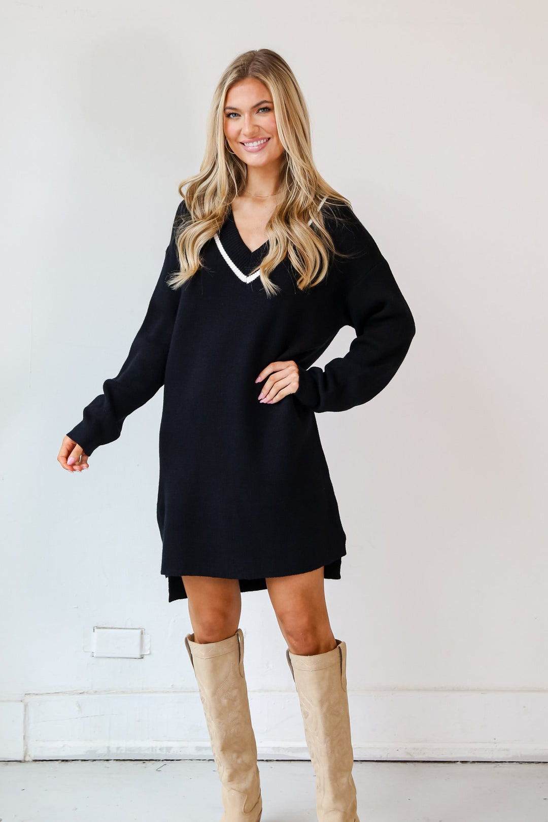 Black Mini Sweater Dress front view