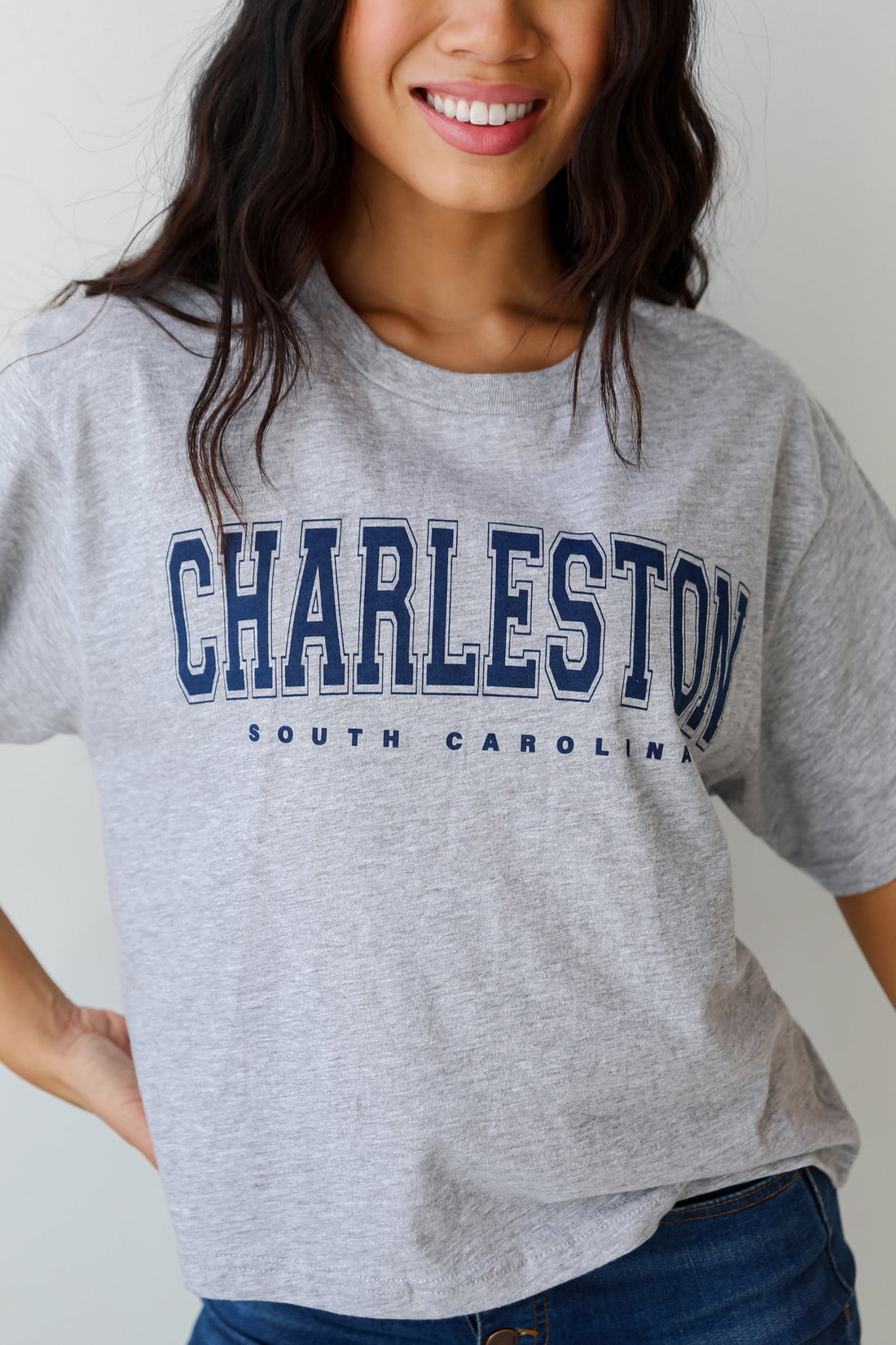 Heather Grey Charleston South Carolina Cropped Tee close up