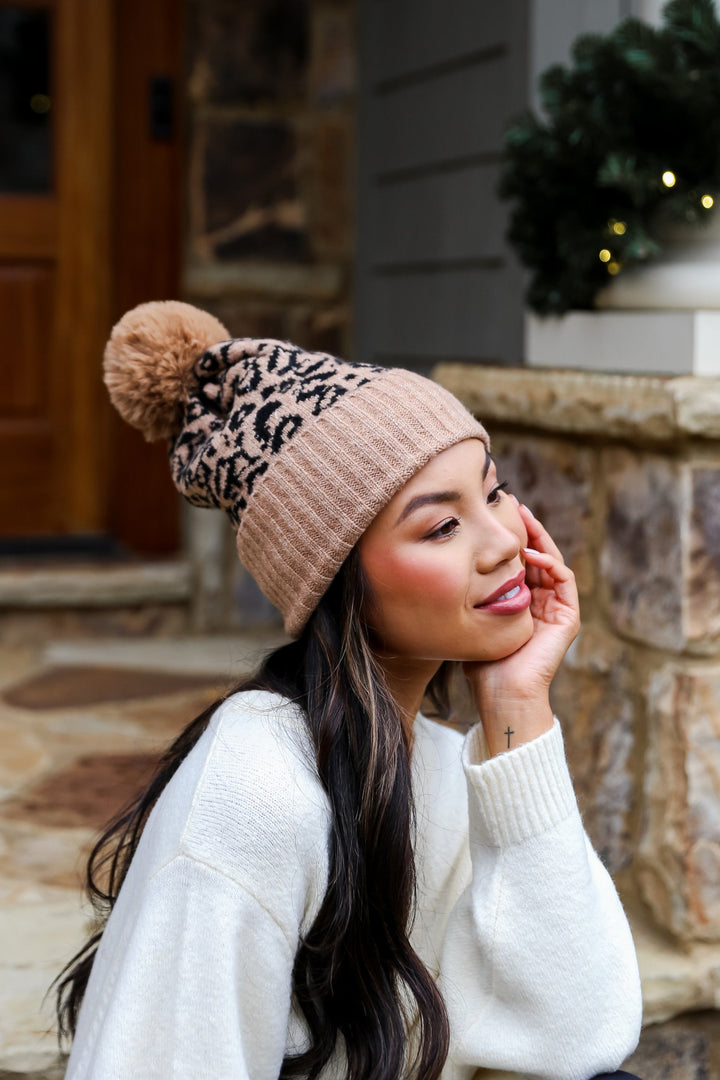 brown Leopard Pom Pom Beanie