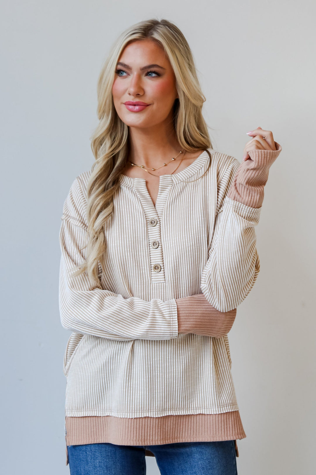 cute Taupe Striped Ribbed Knit Top