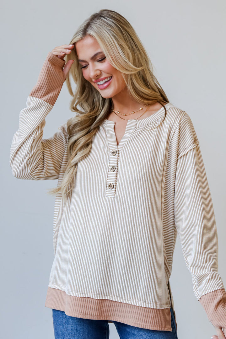Taupe Striped Ribbed Knit Top on model