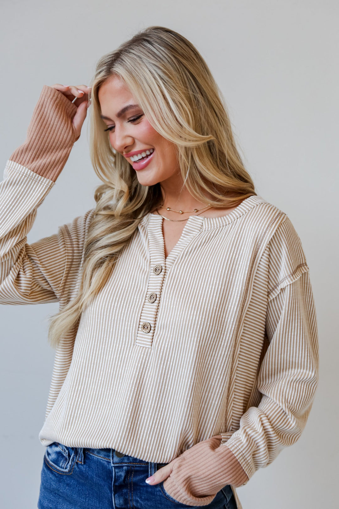 Taupe Striped Ribbed Knit Top close up