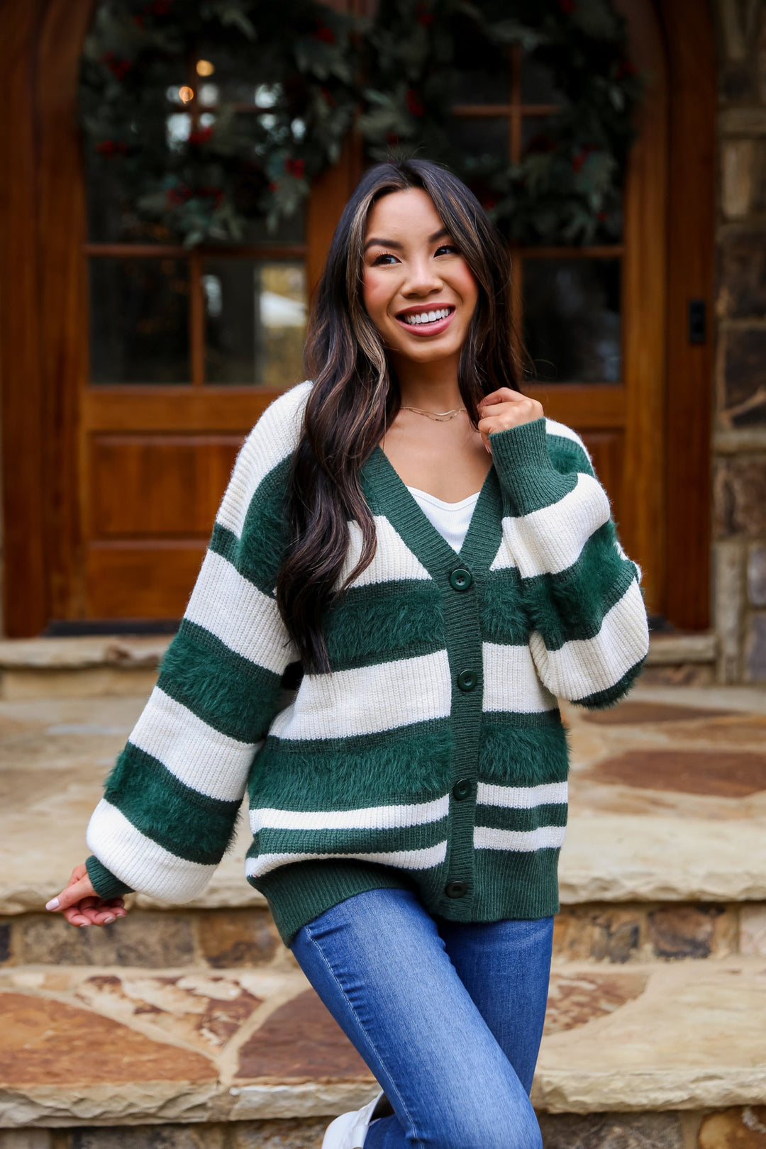 Hunter Green Striped Oversized Sweater Cardigan