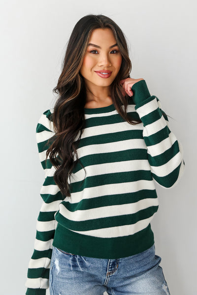 Hunter Green Striped Sweater on model