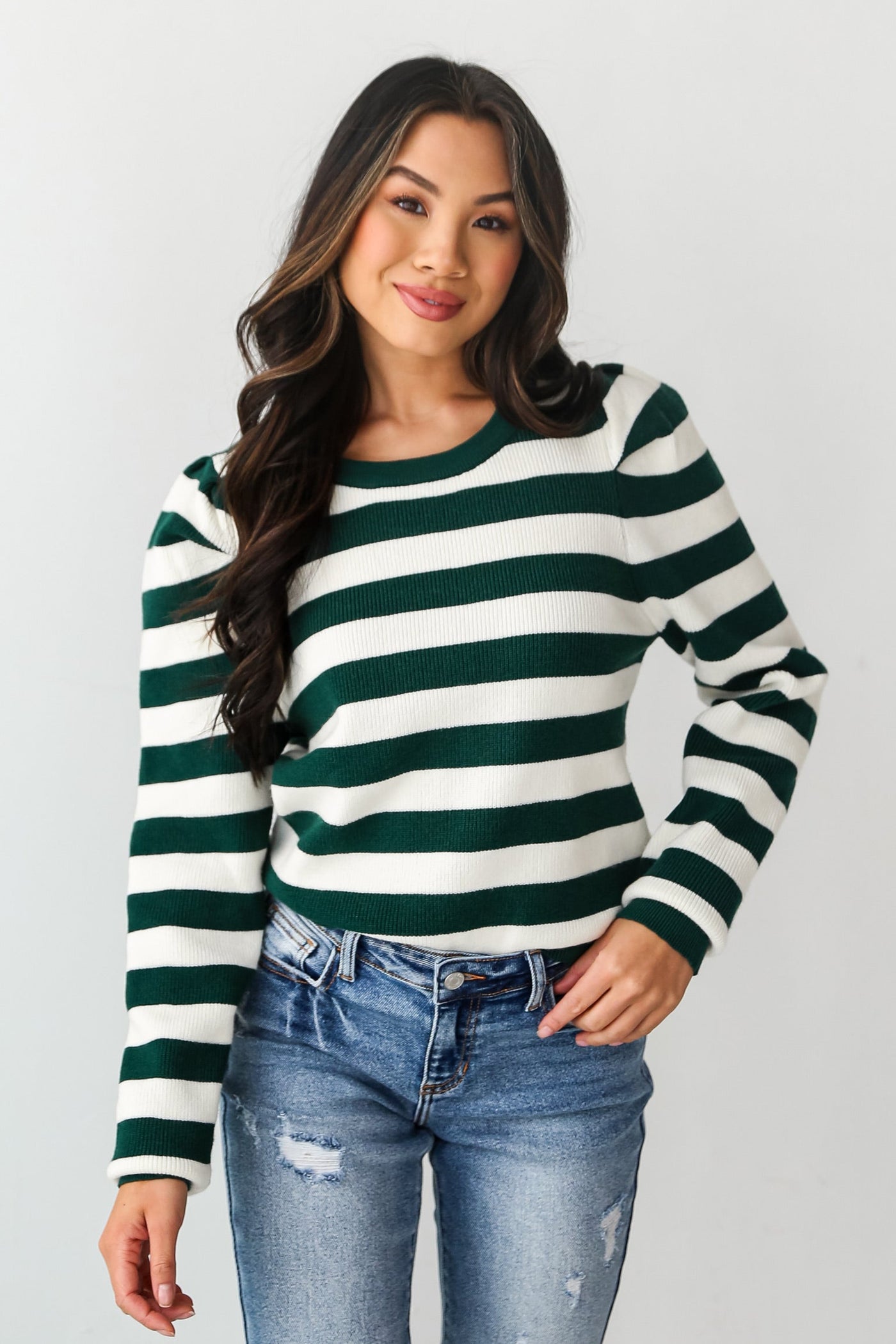 Hunter Green Striped Sweater on dress up model