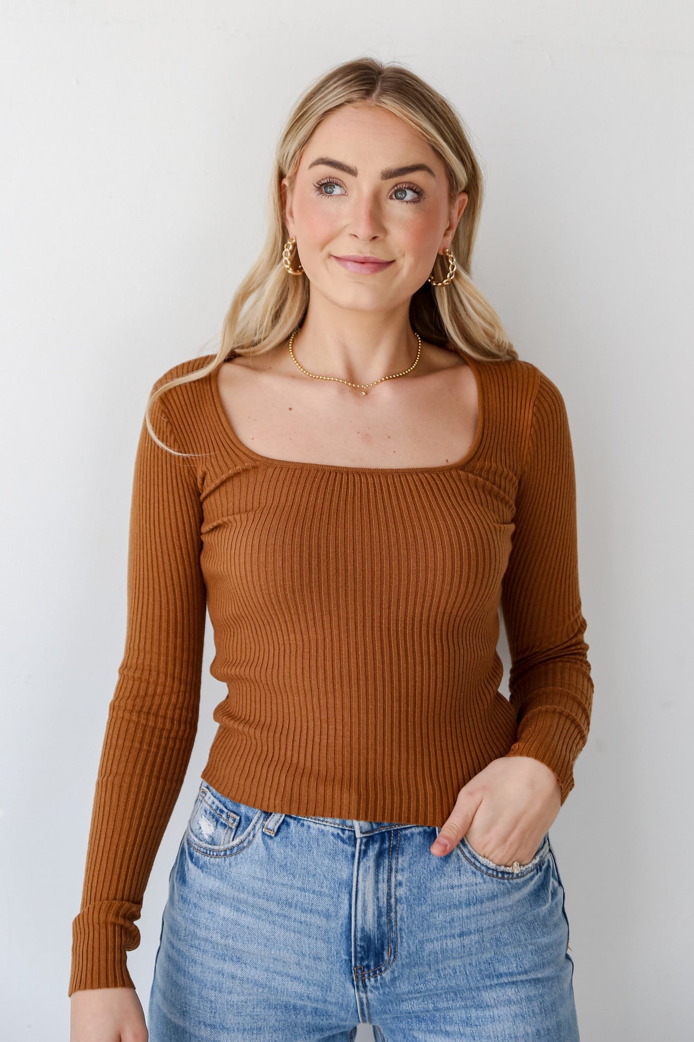 Camel Ribbed Knit Top on model