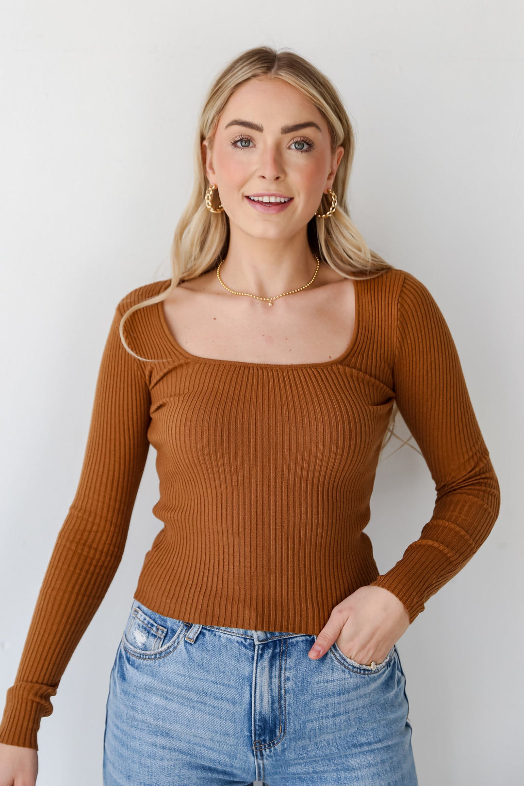 Camel Ribbed Knit Top front view