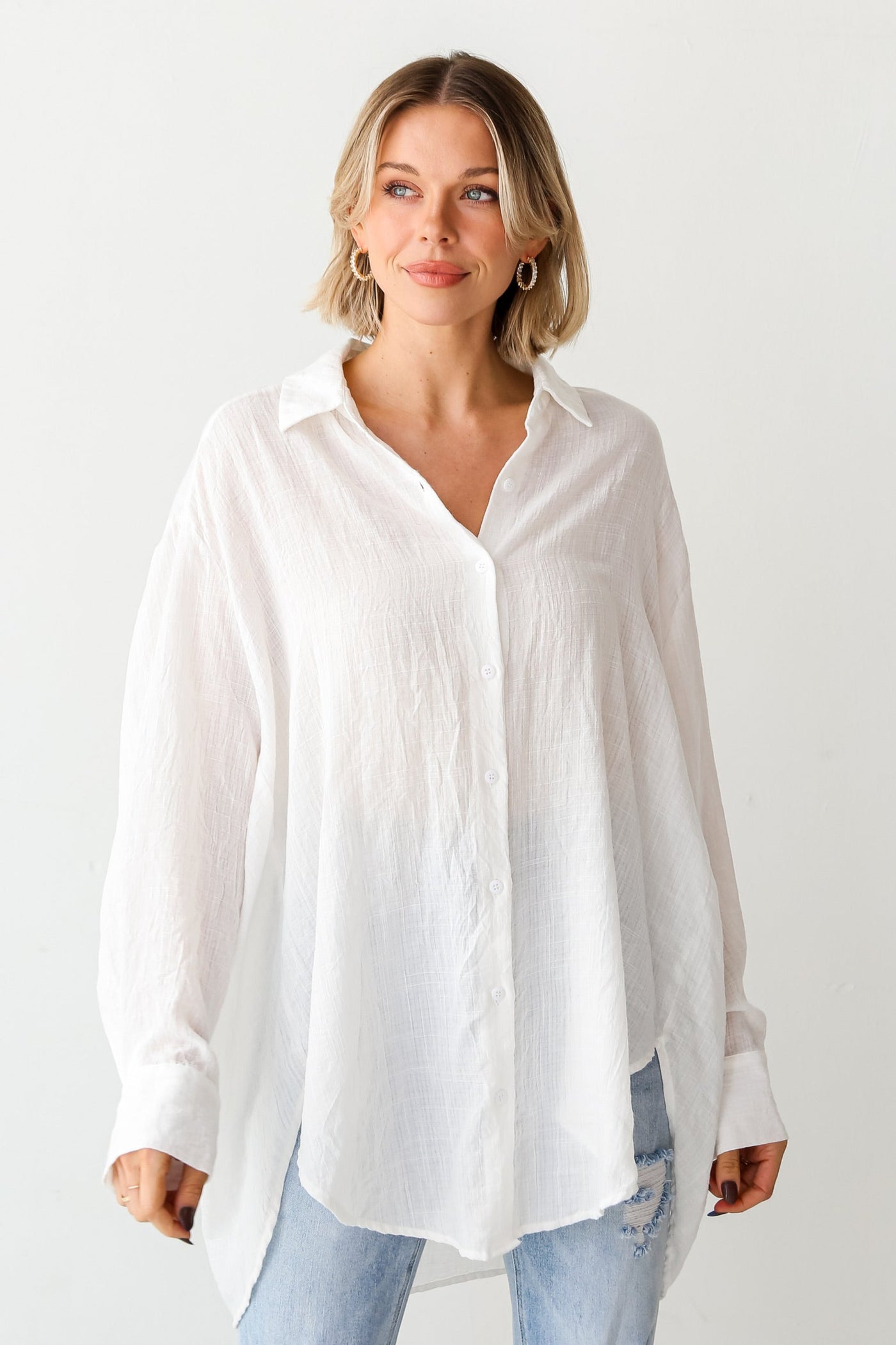 white Oversized Button-Up Blouse