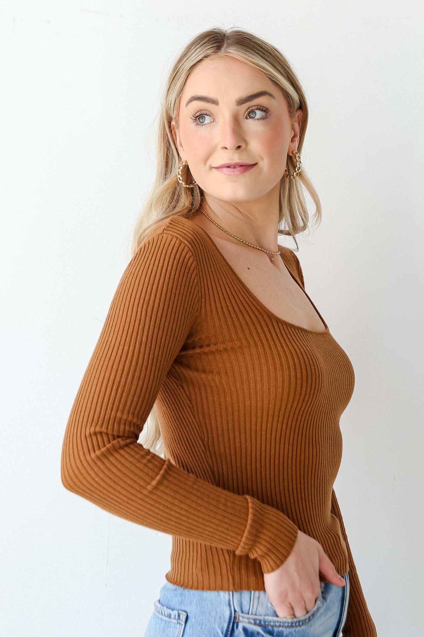 Camel Ribbed Knit Top for women