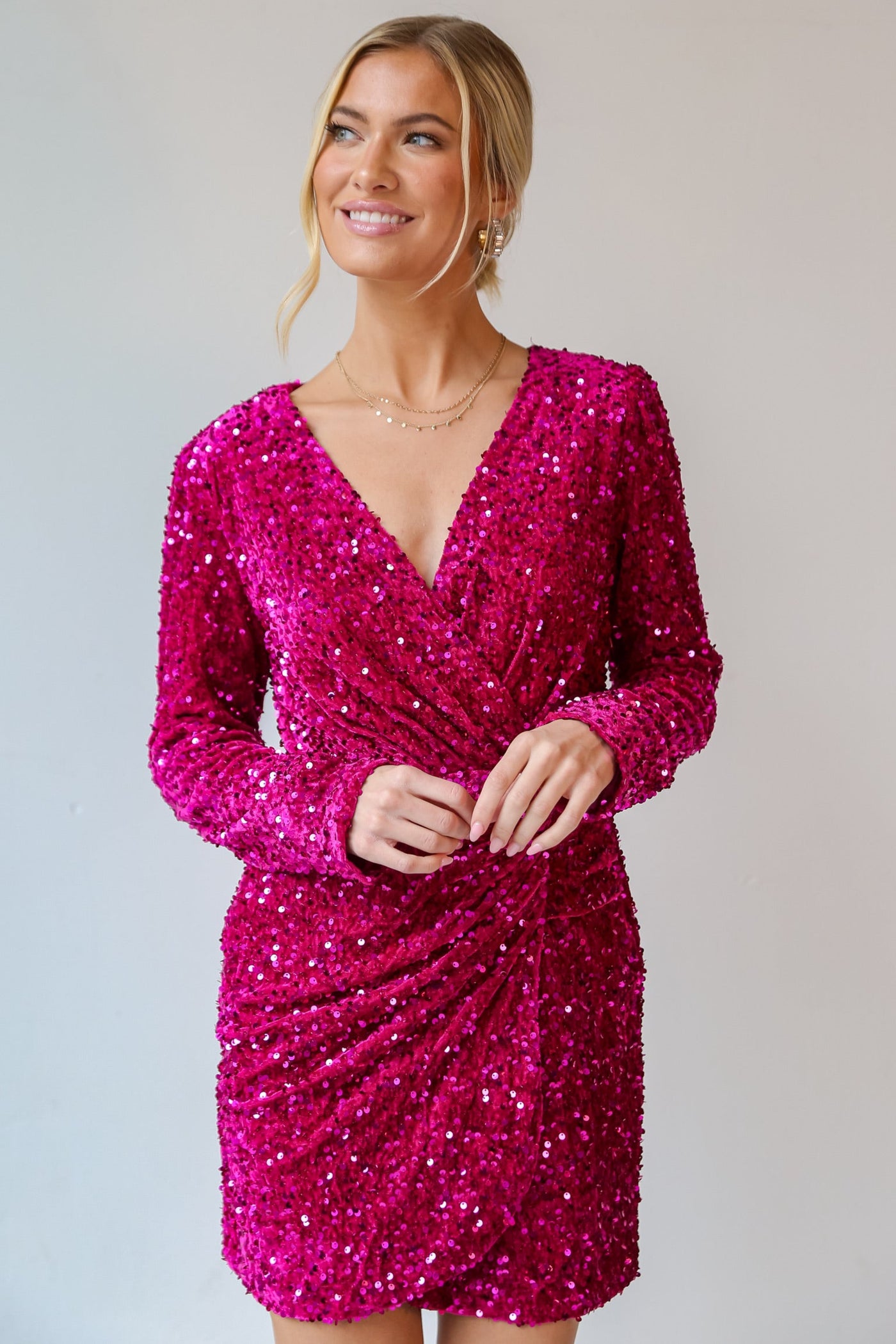 pink Velvet Sequin Mini Dress front view