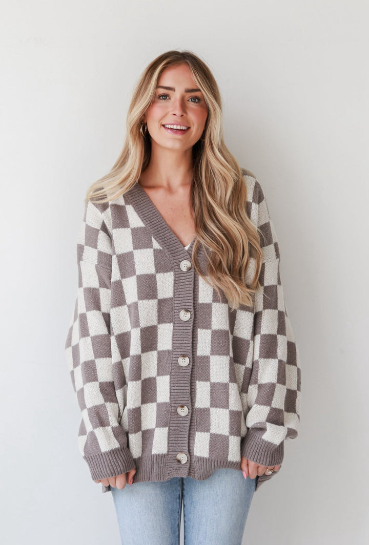 Mocha Checkered Sweater Cardigan on model
