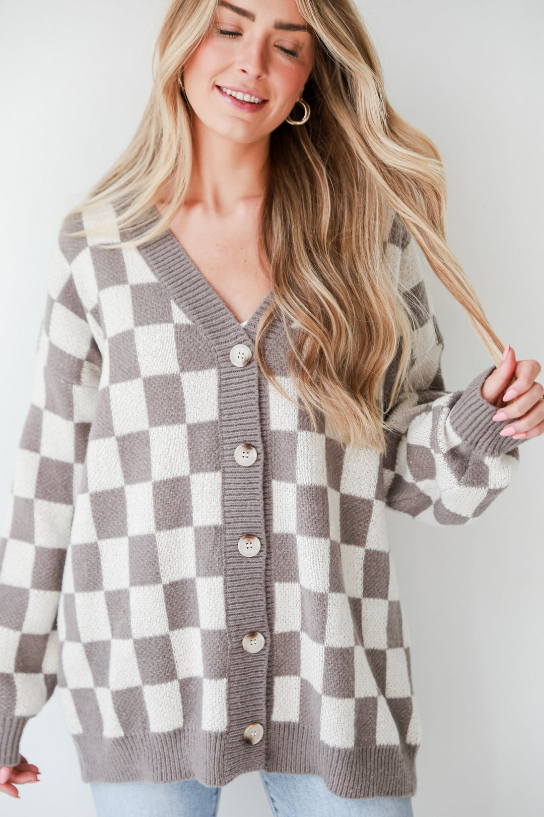 trendy Mocha Checkered Sweater Cardigan