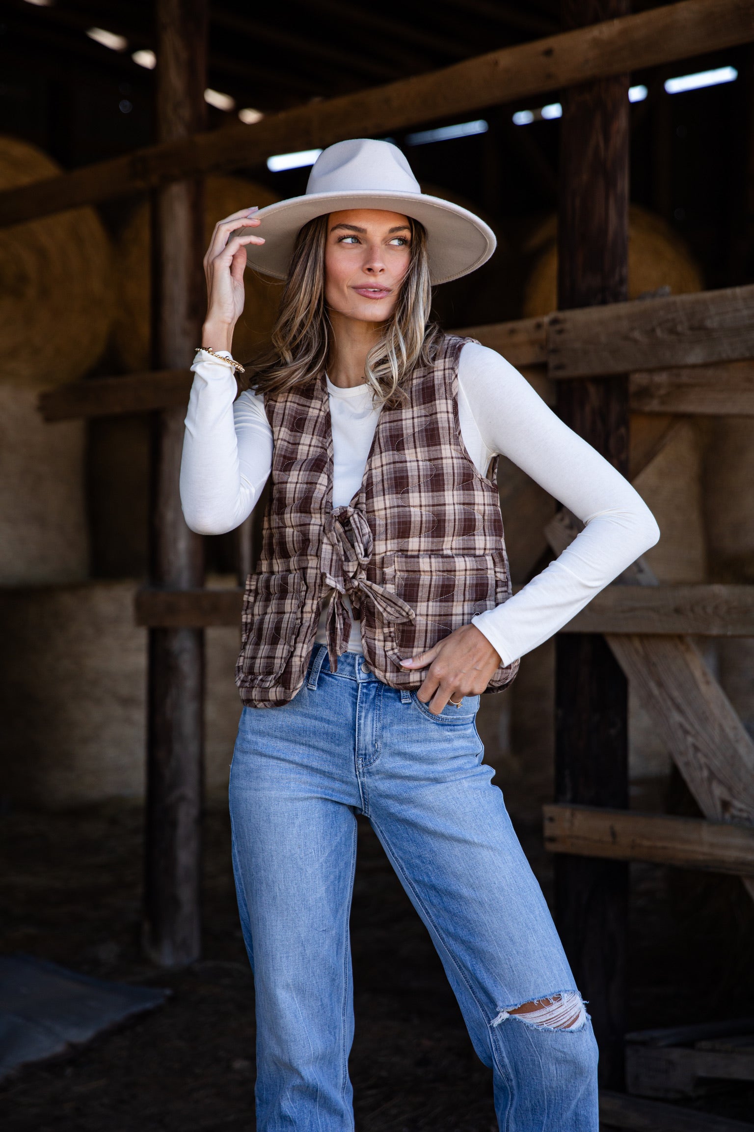 Feel The Radiance Brown Plaid Quilted Tie Vest