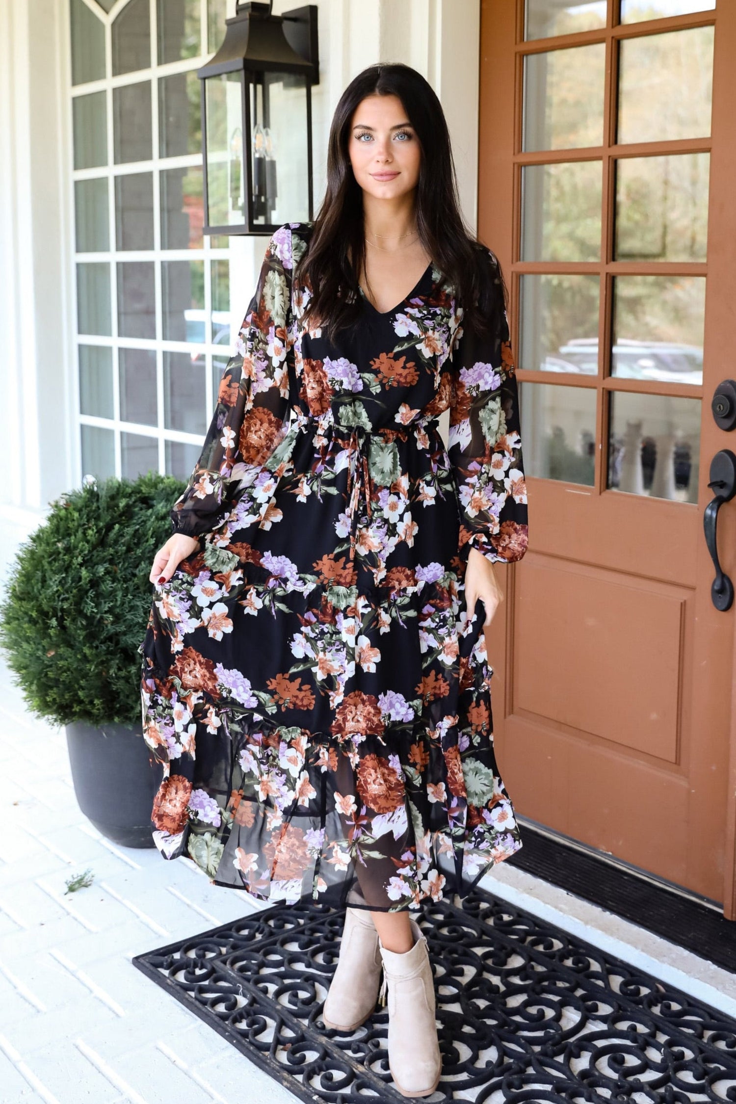 Prepared To Impress Black Floral Midi Dress