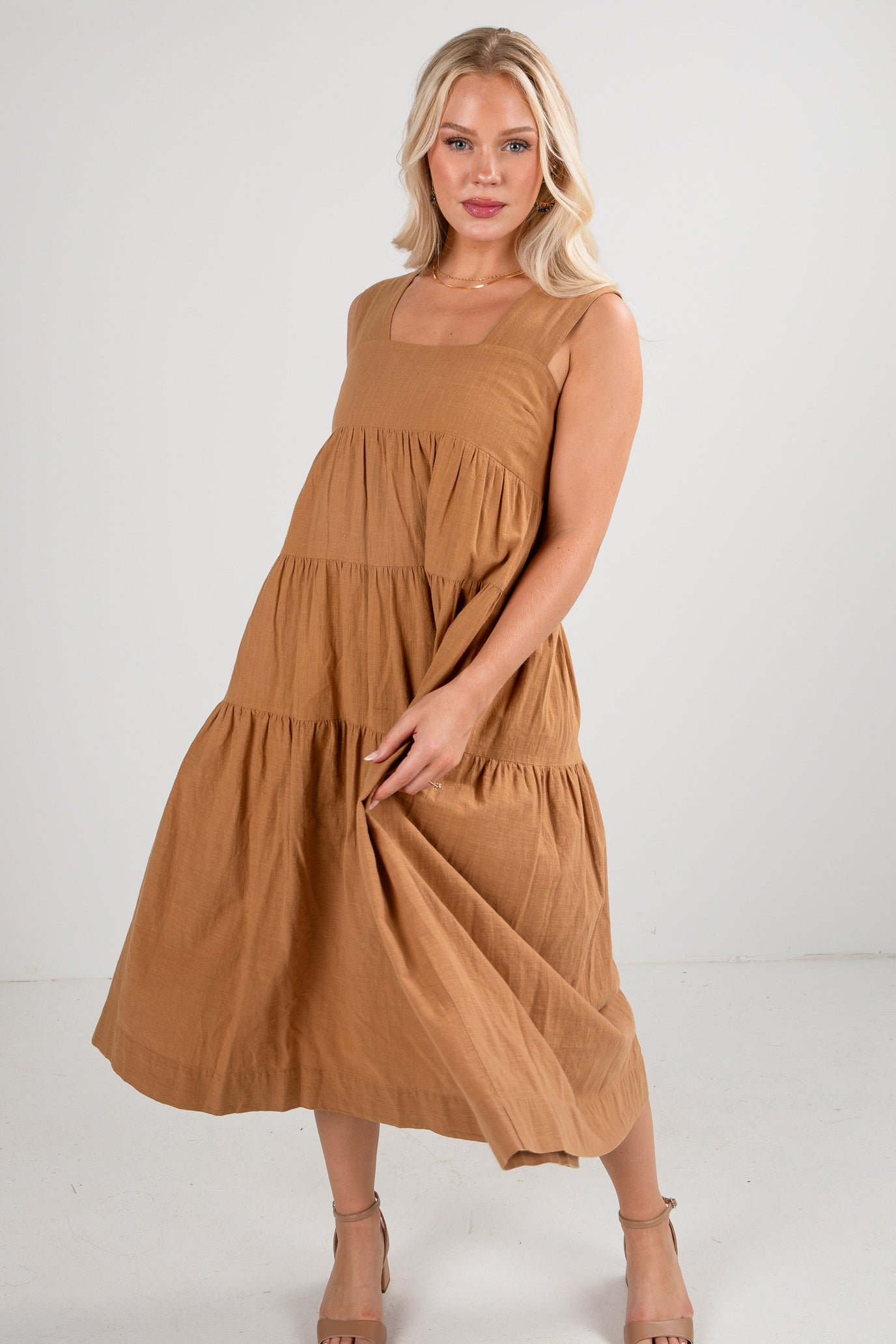 FINAL SALE - Find Your Flow Camel Tiered Midi Dress