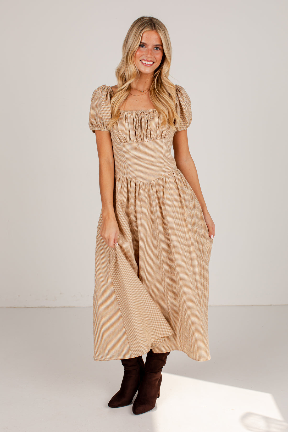 Countryside Letters Taupe Plaid Puff Sleeve Midi Dress