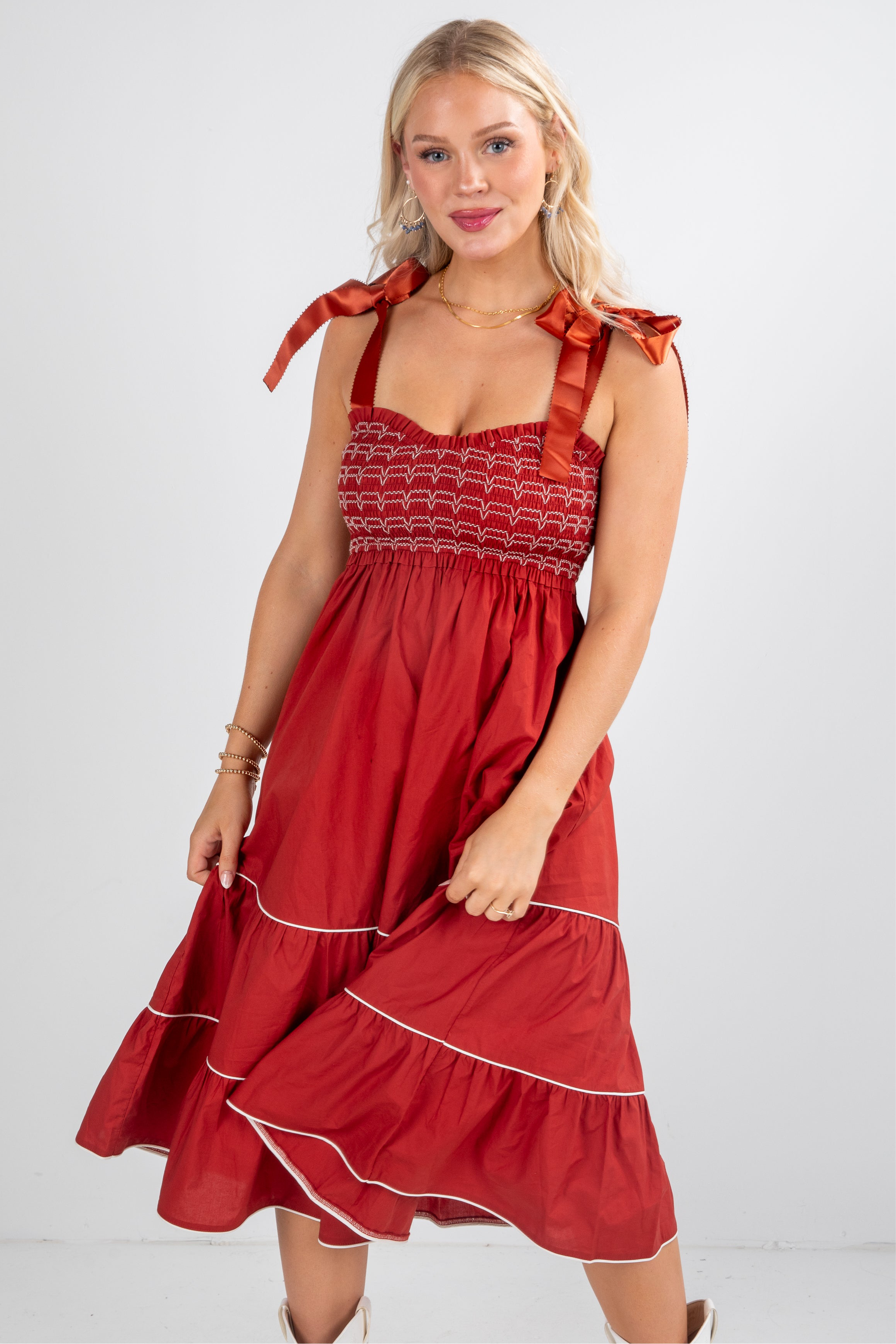 FINAL SALE - Looks Like You Love Me Brick Smocked Midi Dress