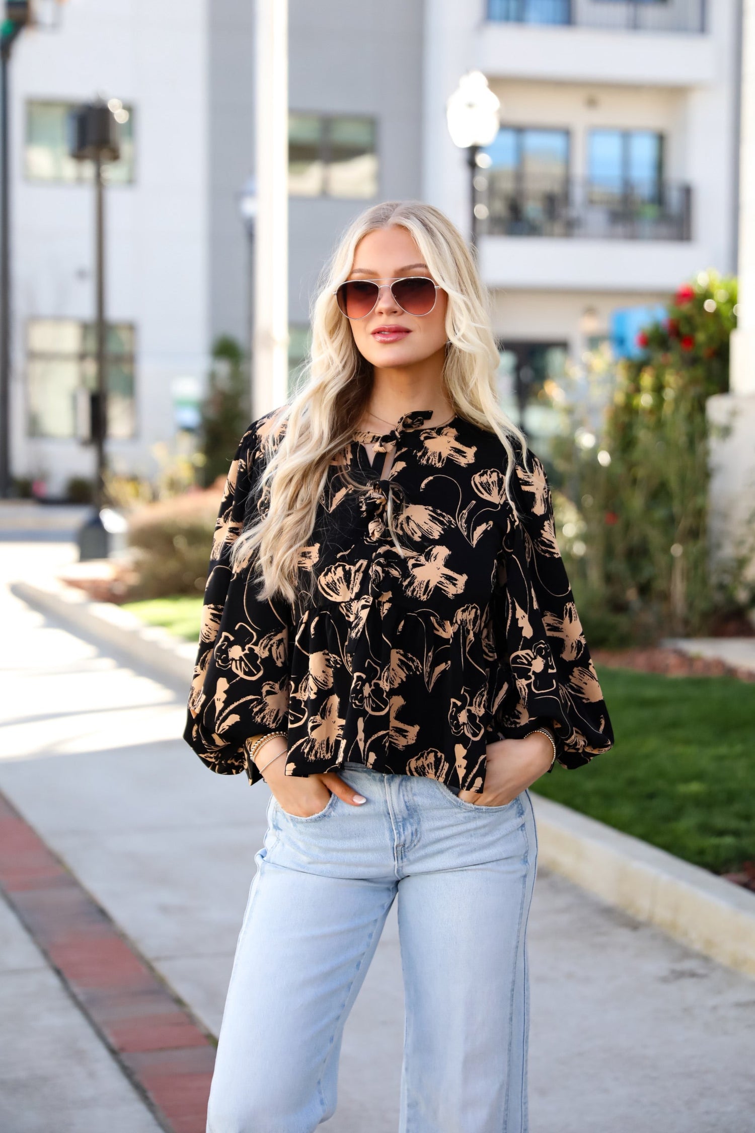 Cute Black Floral Bow Blouse Trendy Bow Tops ShopDressUp