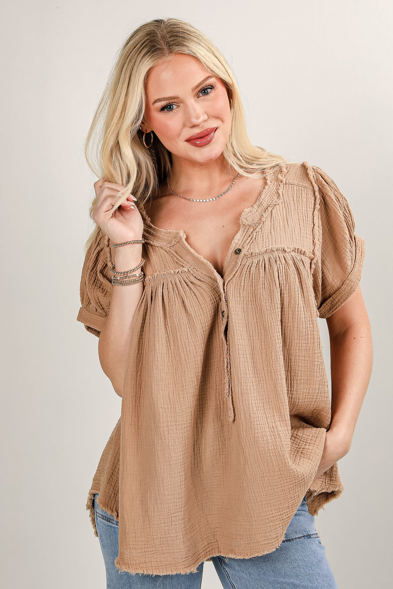 Cute Taupe Linen Blouse Trendy Tops For Women Dress Up