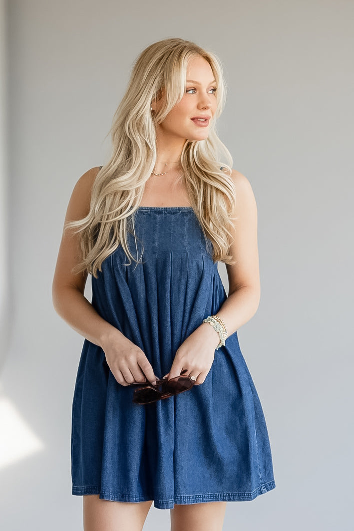 Sweet Mood Denim Pleated Mini Dress | Trendy Women's Dress
