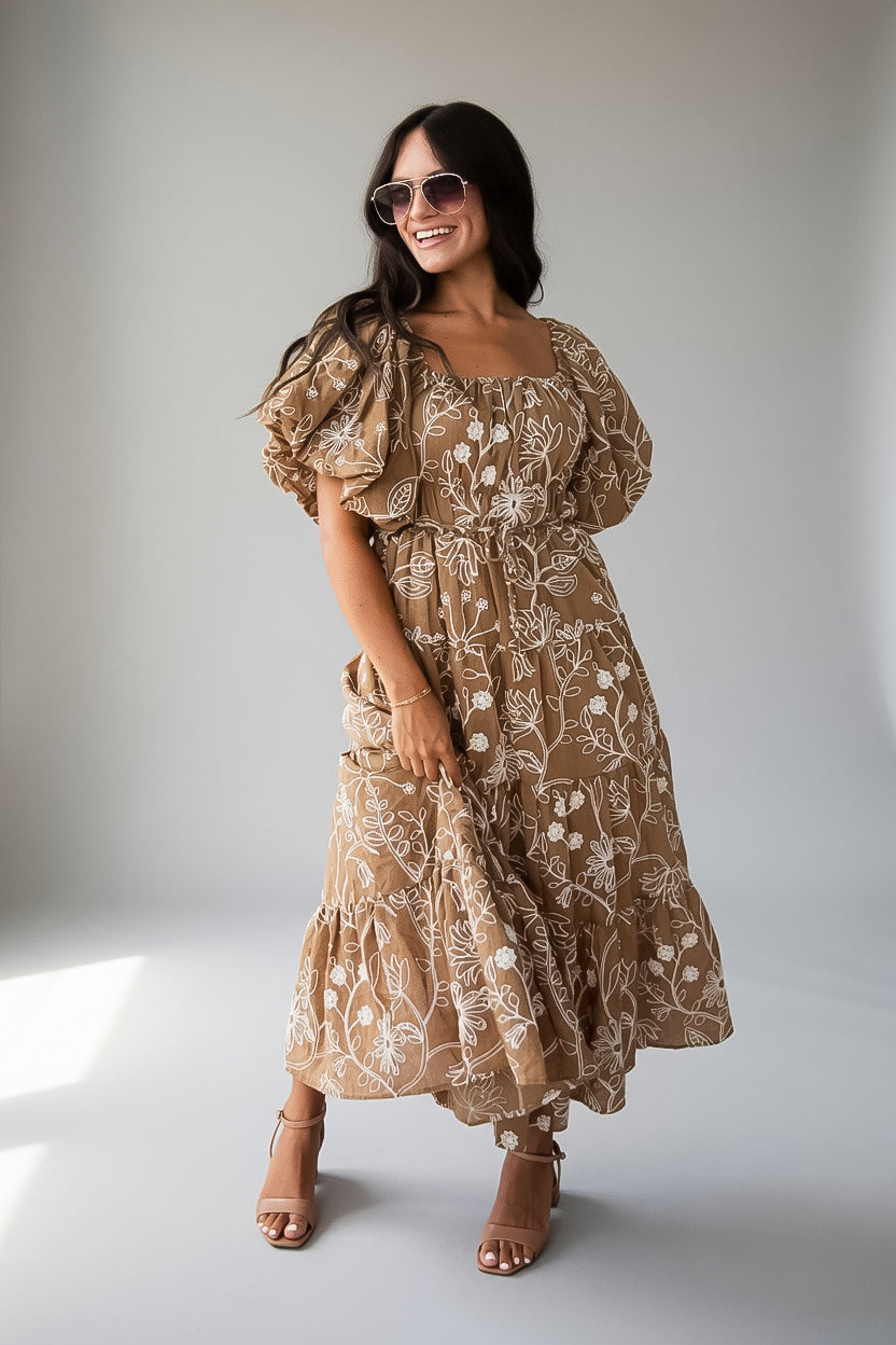 brown dress with flowers Lanna Maxi Youll bloom with effortless cuteness the moment you slip on the Lulus Remarkably Flourishing Brown Floral Puff Sleeve Midi Dress Charlotte Premium Girls Dress -