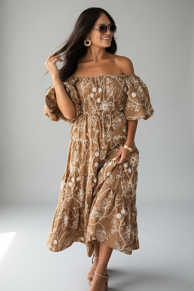 Autumn Taupe Floral Puff Sleeve Midi Dress | Cute Fall Dress