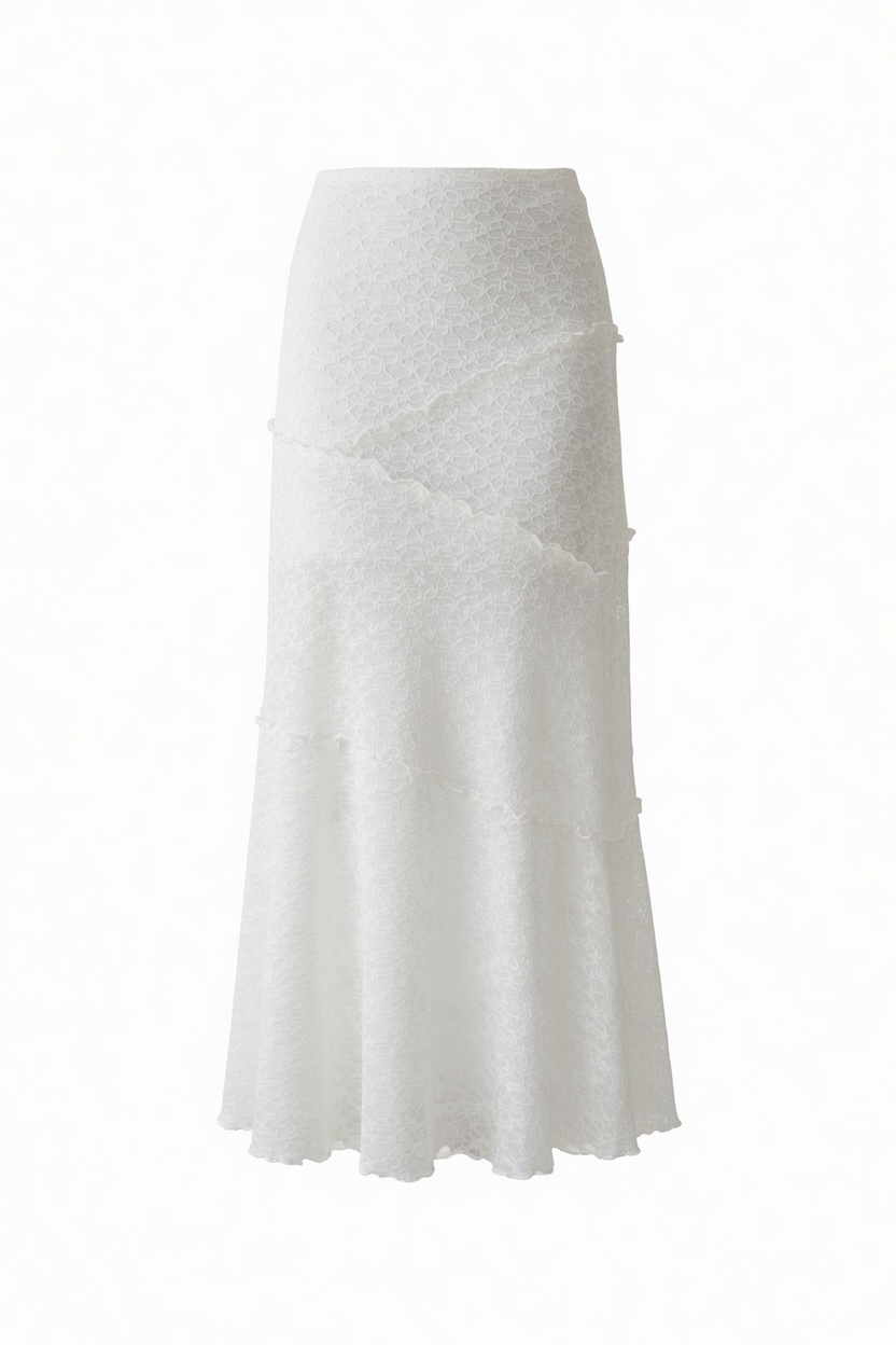 A white textured midi skirt with diagonal layered ruffle details, shown against a plain white background.