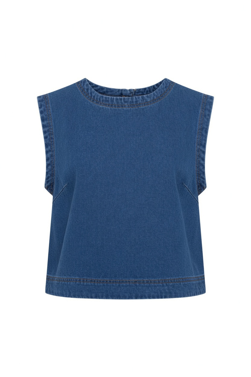 A sleeveless cropped top in medium blue denim with a crew neck and ribbed trim, shown flat against a white background.