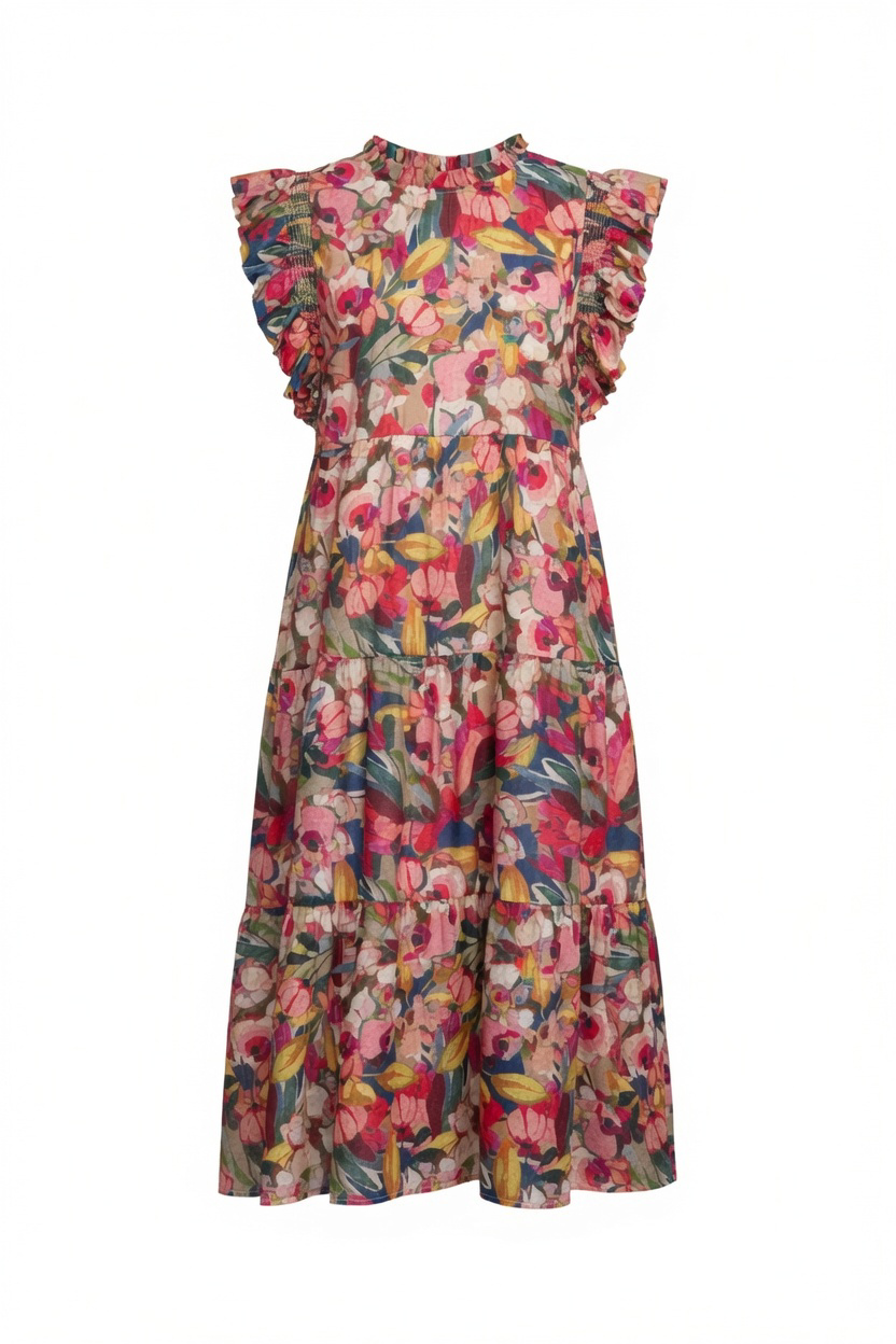 A tiered midi dress with a vibrant multicolor floral print, featuring ruffled cap sleeves and a round neckline, shown against a plain white background.