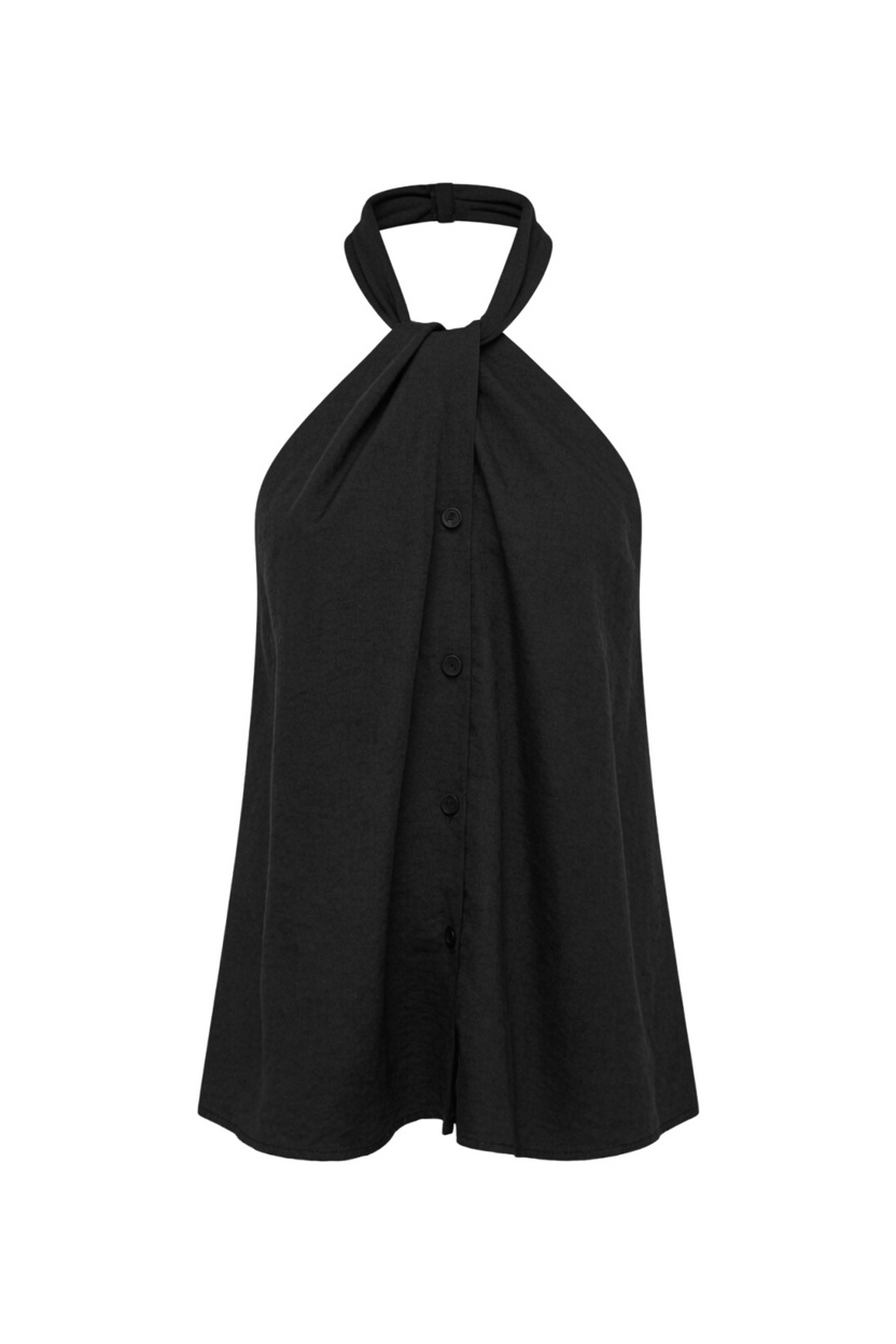 A black halter-neck button-up top with a draped, cape-like silhouette, shown against a plain white background.