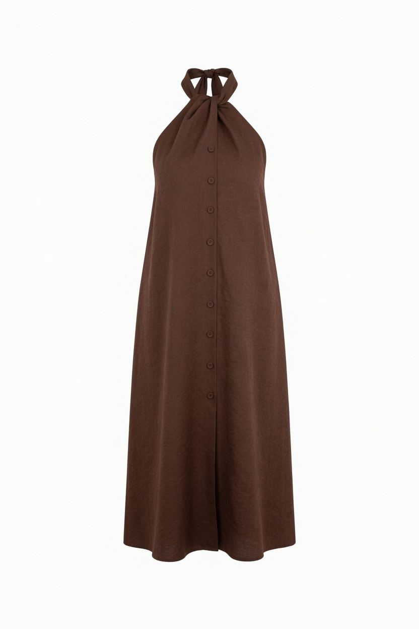A brown halter-neck maxi dress with a button-down front, displayed on a clean white background.
