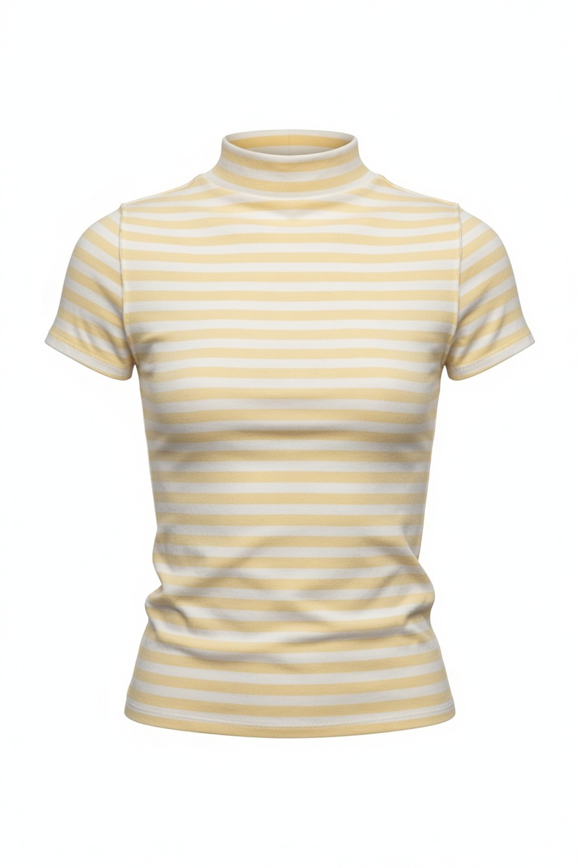 A short-sleeve mock neck t-shirt with horizontal yellow and white stripes, displayed on a clean white background.