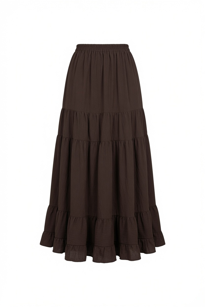 A dark brown tiered midi skirt with a gathered waistband, displayed against a solid white background.