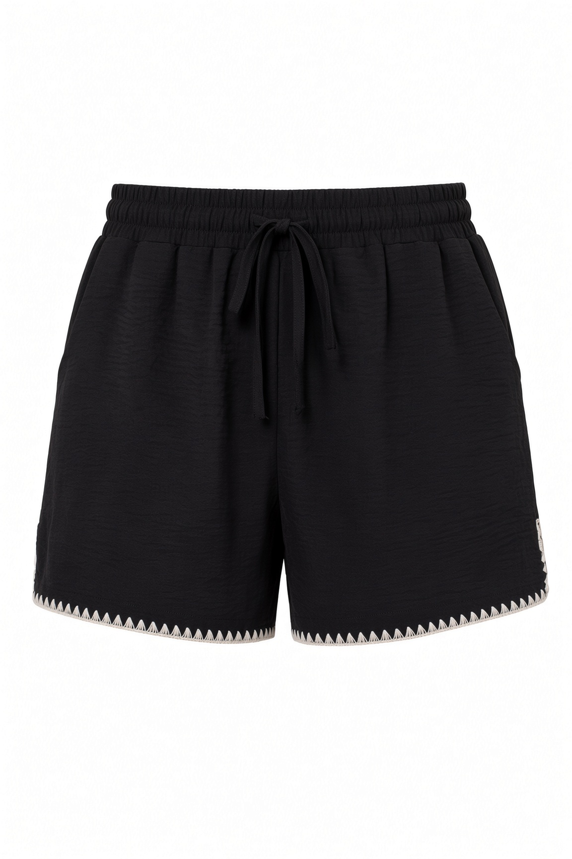 Black textured drawstring shorts with a zigzag cutout detail along the hem, shown against a plain white background.