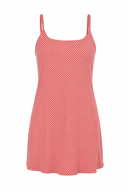 A red and white checkered mini dress with thin shoulder straps, a square neckline, and a flared skirt, shown against a plain white background.