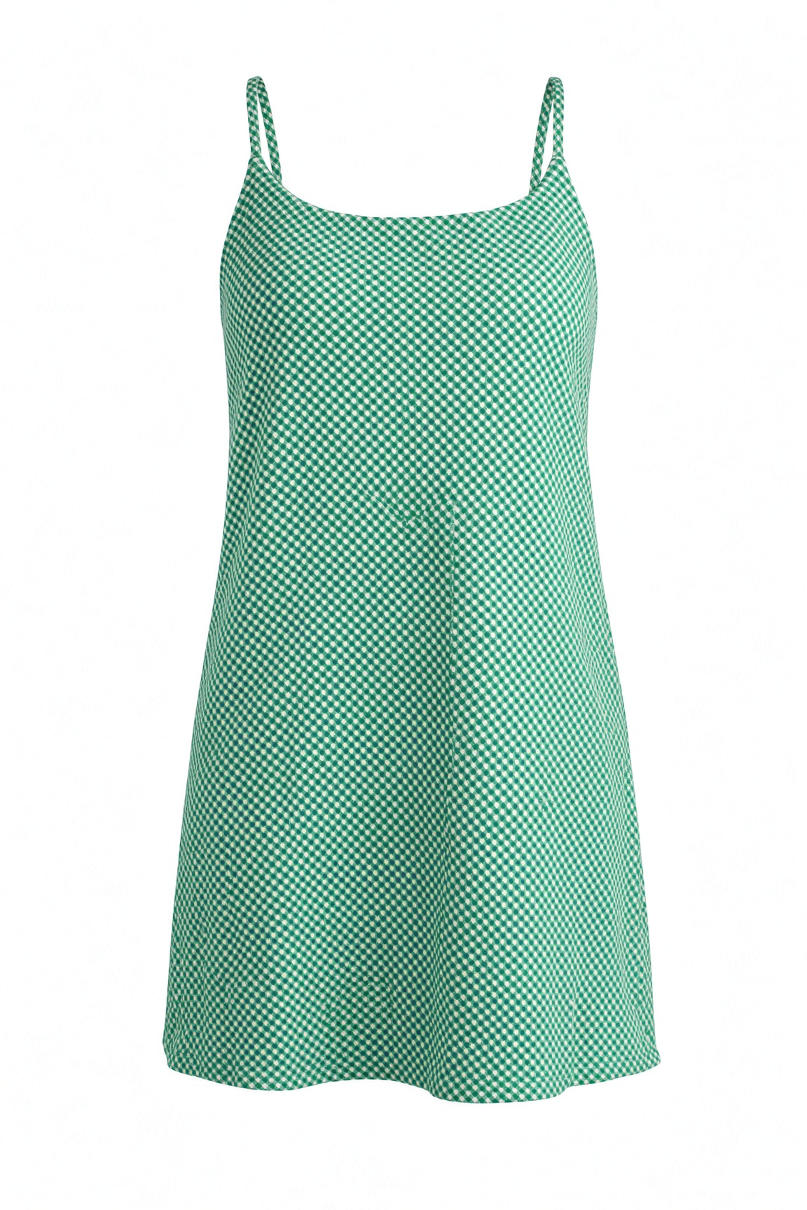A green and white checkered mini slip dress with thin spaghetti straps, displayed on a clean white background.